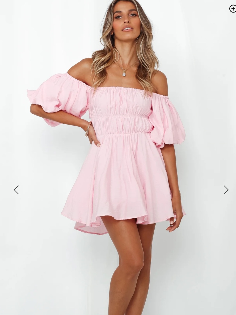 Off-Shoulder Pink Mini Dress with Puff Sleeves